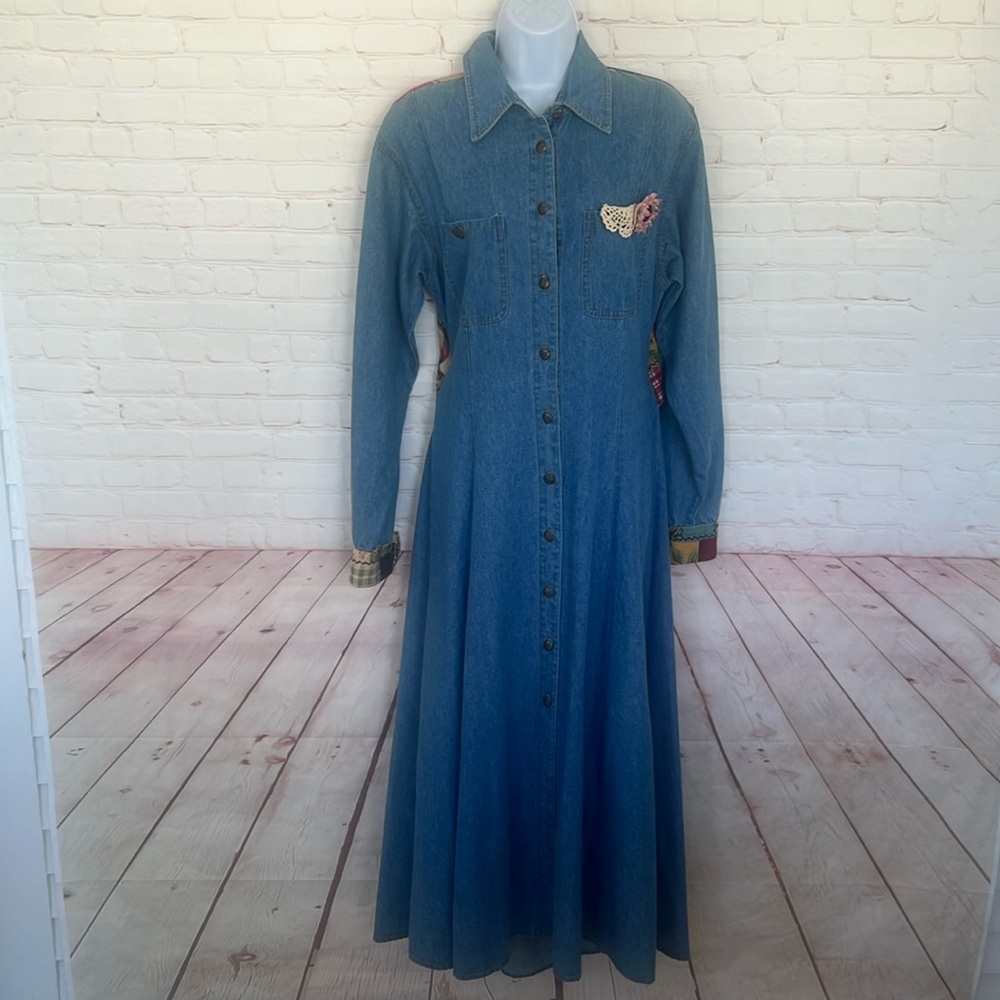 70’s CHOON SPORT WESTERN COTTAGE-CORE DENIM MAXI DRESS FIT AND FLARE SIZE SMALL